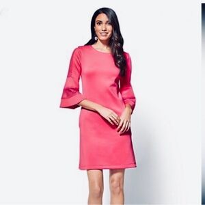 NY&Co 7th Ave Pink Sz L 3/4 Bell Sleeve Stretch Feminine Lace Trim Shift Dress